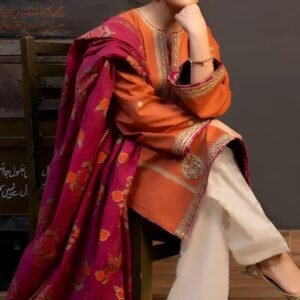 Magenta with floral patterns in orange