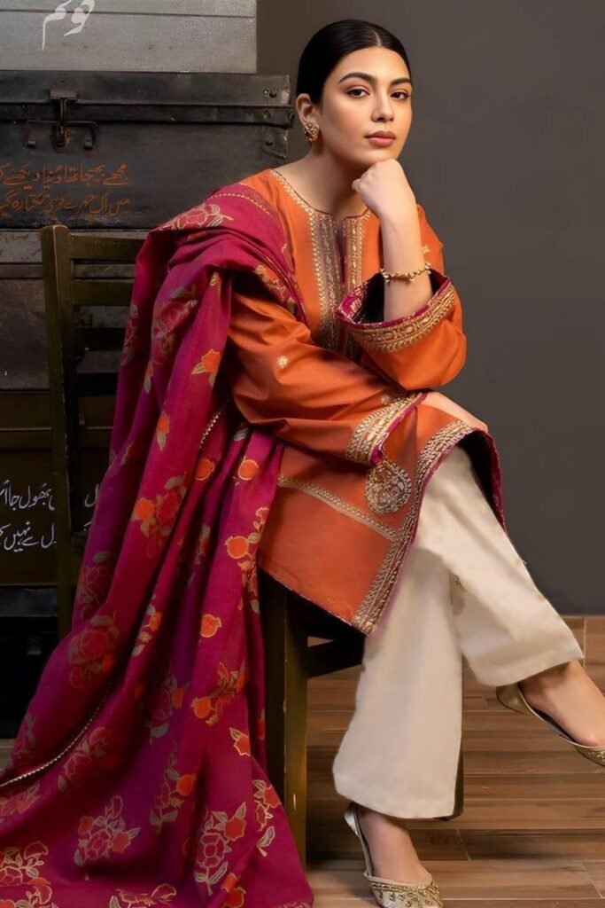 Magenta with floral patterns in orange